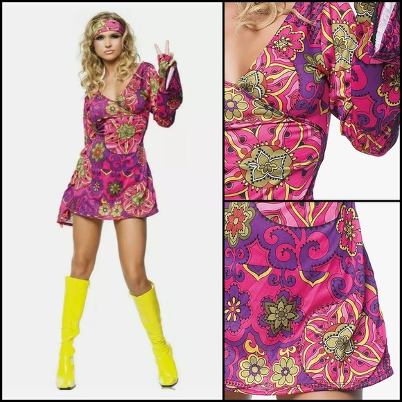 Groovy Hippy Go-Go Psychedelic Neon Mini Dress Costume - Picture 2 of 14